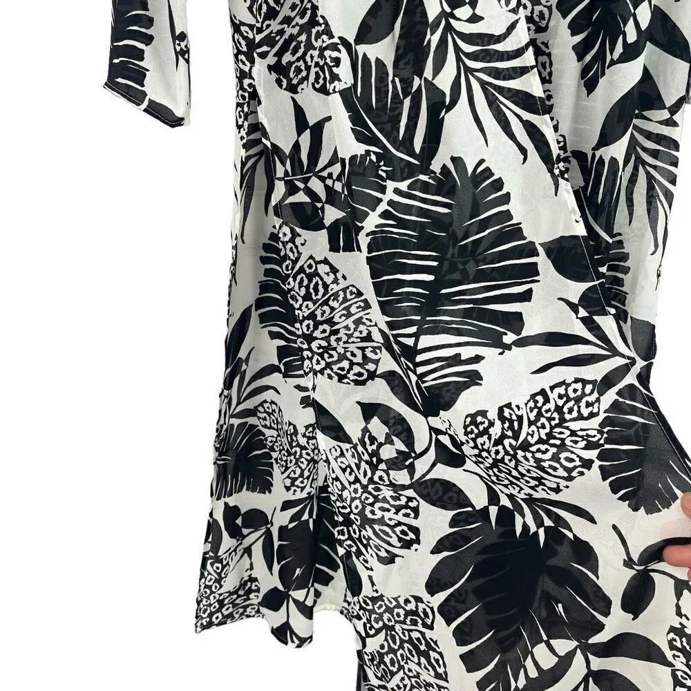 Nira Kaplan Open Front Duster Semi Sheer Cover Up Black White Floral Large - Picture 3 of 12